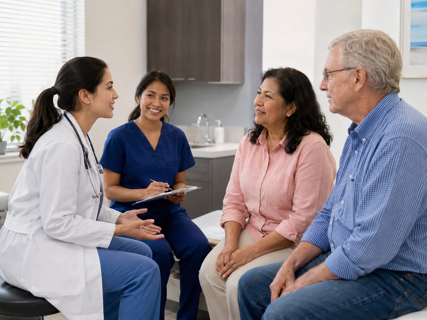 Doctor and nurse speaking with older adult patients in a preventive care visit