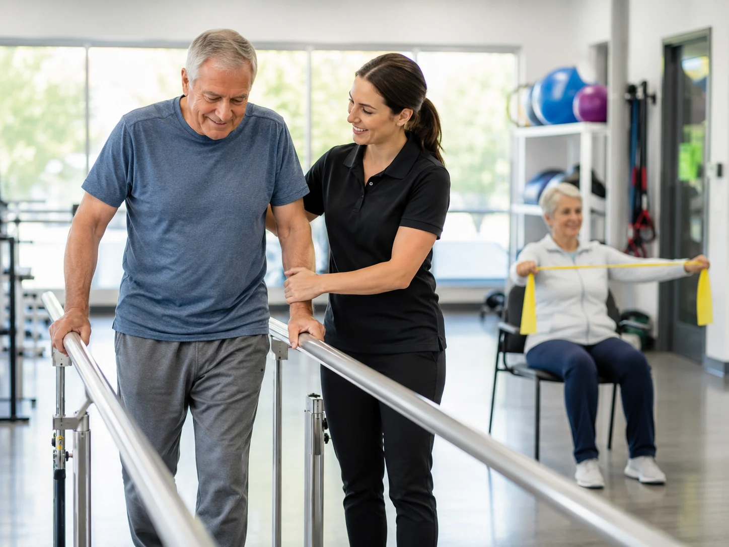 Physical therapist assisting an older adult in rehabilitation exercises
