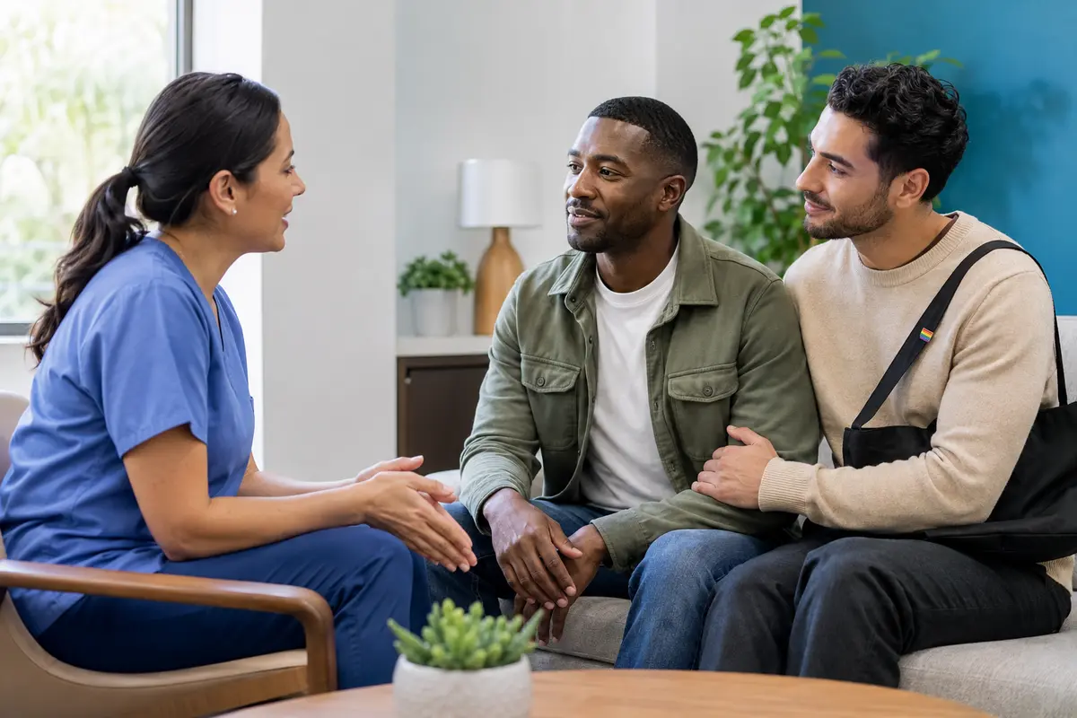 Healthcare professional speaking privately with a diverse couple